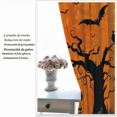 Vista 5 de Cortinas de bosque de Halloween, diseño de castillo de terror y murciélago, decoración de ventana para dormitorio, sala de estar, 42 x 44 pulgadas
