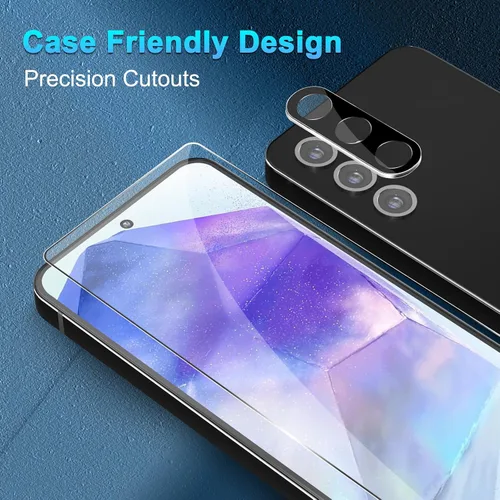Vista 6 de Protector de pantalla de vidrio para Samsung Galaxy A55 con protector de lente de cámara, curvado 3D, 6.6 pulgadas 2024 9H vidrio templado