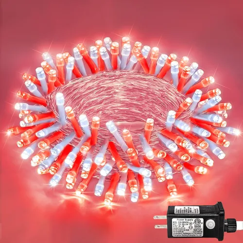 Vista 11 de Guirnalda de 120 luces LED rojas impermeables para exteriores, luces de Navidad rojas de 40 pies, 8 modos, cable transparente, guirnalda de luces