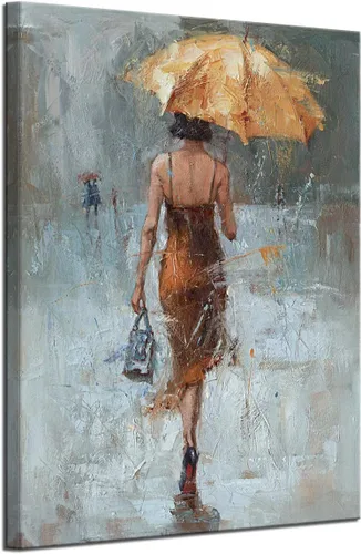Vista 2 de Lienzo de pared con paraguas de niña con vestido caqui caminando en la calle lluvia pintura arte moderno lienzo abstracto obra de arte