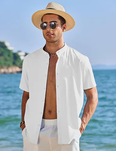Vista 2 de COOFANDY Men's Short Sleeve Linen Shirt Band Collar Button Down Shirts Summer Beach Shirt