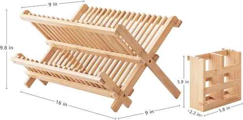Vista 3 de HBlife Escurreplatos plegable de bambú de 2 niveles con soporte para utensilios y plato de platos, tazón, tazón, tapa de olla, tabla de cortar