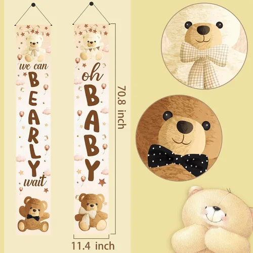 Vista 3 de Decoración de baby shower con texto en inglés «We Can Bearly Wait», 2 unidades, oso para baby shower, porche, letrero de revelación de género