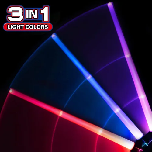 Vista 3 de Paquete de 2 espadas iluminadas con sonidos FX (sensible al movimiento) y mango retráctil, espada dual 2 en 1, 3 colores, espada de duelo LED que