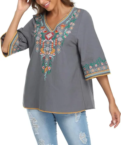 Vista 6 de YZXDORWJ Blusa campesina mexicana bordada con cuello en V para mujer