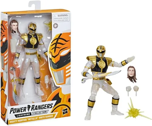 Vista 4 de Power Rangers Lightning Collection Mighty Morphin Metallic White Ranger Figura de acción coleccionable de 6 pulgadas con accesorios