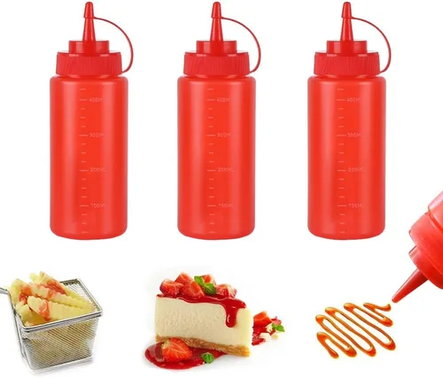 Vista 22 de Botellas de plástico de 3 colores de 12 onzas, botellas para apretar condimentos, botella multiusos para salsa de tomate, aceite, mermelada, salsa