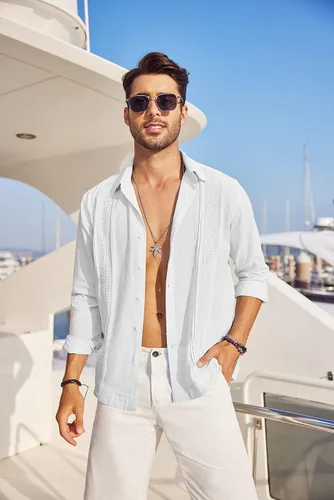 Vista 2 de COOFANDY Camisas de guayabera cubana para hombre, manga larga, casual, con botones, de algodón, para playa