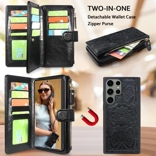 Vista 3 de Harryshell Funda de cuero desmontable con cremallera magnética con bolsillo para monedas, 12 ranuras para tarjetas, correa de muñeca para Samsung