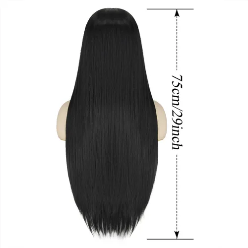 Vista 3 de CJK Peluca negra para Morticia Addams, peluca larga negra para disfraz de Morticia Addams, para mujer, con collar y aretes para Halloween, disfraz