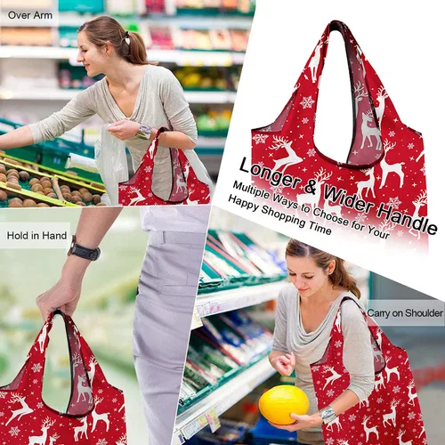 Vista 2 de BeeGreen Bolsas de comestibles reutilizables de Navidad con bolsa de almacenamiento con cremallera, paquete de 10 bolsas de compras reutilizables a