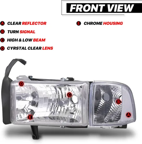 Vista 2 de M-AUTO Conjunto de faros delanteros con lámparas de esquina compatible con Dodge Ram 1500 2500 3500 1994-2002 modelos no deportivos, lado