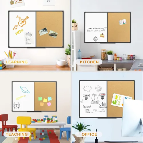 Vista 2 de Pizarrón blanco y corcho combinados para anuncios, tablero combinado 36 x 24 de pizarra magnética, marco de aluminio negro montado en la pared