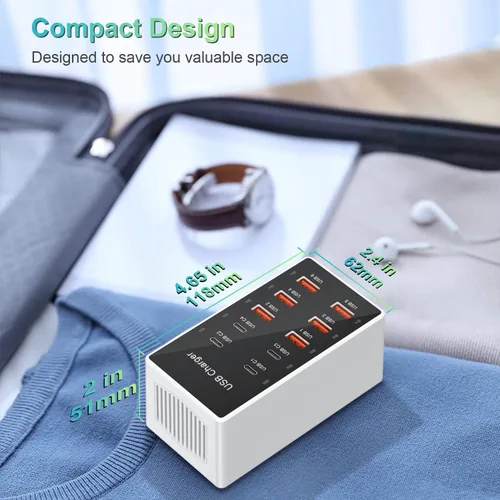 Vista 6 de Estación de carga USB C, cargador de pared para teléfono celular, 10 puertos USBC de carga rápida, cubo de alimentación 4 USB C 6 USB A, bloque