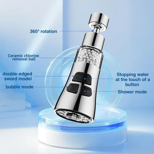 Vista 5 de Grifo de filtro de agua para fregadero, juego de filtro giratorio de 360° con 6 accesorios, extensor de rociador de 3 modos, purificador para quitar