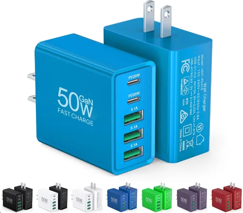 Vista 13 de [Paquete de 2] Cargador de pared USB C, bloque de cargador USB C de 50 W, bloques de carga rápida PD de 5 puertos, 2USB C + 3USB A enchufe