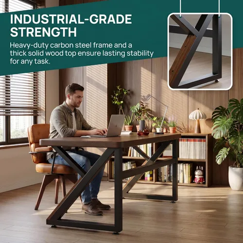 Vista 4 de Polibi Escritorio doble resistente de 55.1 pulgadas con patas en K de acero al carbono y parte superior de madera, escritorio largo para computadora