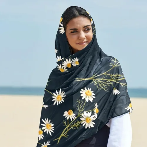 Vista 5 de Bufandas de seda con estampado de margaritas y flores silvestres, bufanda larga de gasa para mujer, Multi
