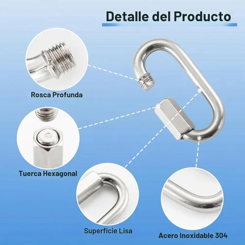 Vista 2 de HOME MASTER HARDWARE Enlace rápido en forma de D de acero inoxidable 304, paquete de 8 unidades de 1/4 pulgadas, conector de cadena con mosquetón