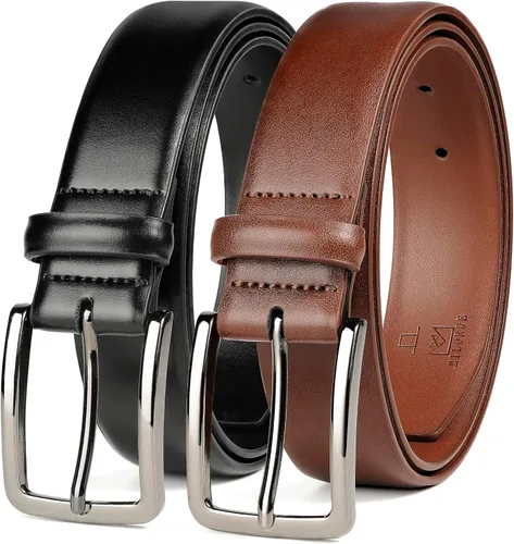 Vista 8 de MILORDE Cinturón de vestir de cuero para hombre, 2 unidades, hecho a mano, cuero genuino, diseños clásicos y modernos para el trabajo, negocios