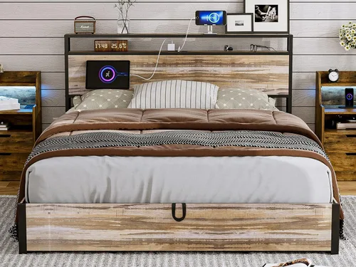 Vista 3 de IKIFLY Cama de almacenamiento elevable tamaño Queen, marco de cama de metal con estante de almacenamiento de 2 niveles y estación de carga, listones