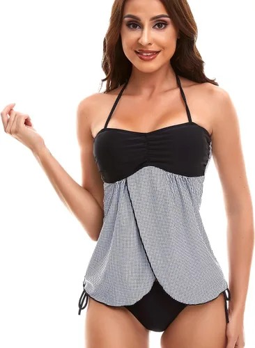 Vista 2 de MOHOPE Traje de baño tankini halter para mujer, control de abdomen, estampado elegante, conjunto de dos piezas