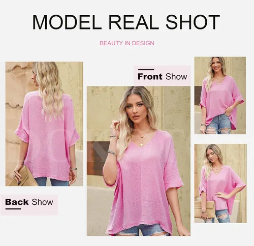 Vista 4 de Dokotoo Camisas casuales de manga corta con cuello en V para mujer, blusas sólidas de gran