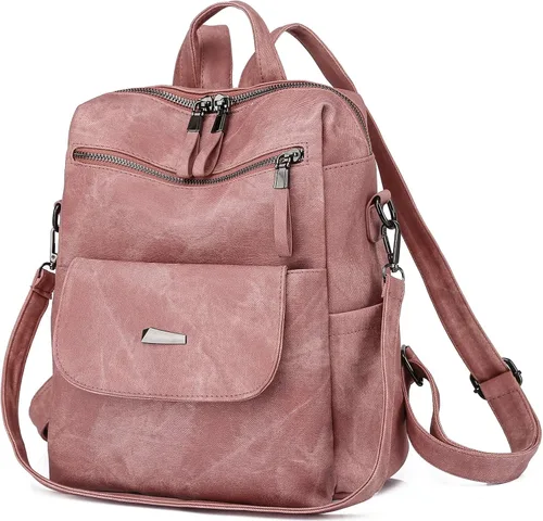 Vista 6 de Bolso tipo mochila para mujer, diseño multiusos, bolsos y bolso de hombro de piel sintética, Rosado, L, Mochilas de viaje casuales escolares