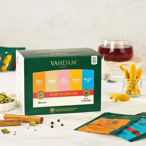 Vista 2 de VAHDAM, Chai Tea Sampler, 20 bolsas de té – Paquete variado de té Bolsas de té Chai surtidas Bolsas de té de cardamomo, bolsas de té de canela