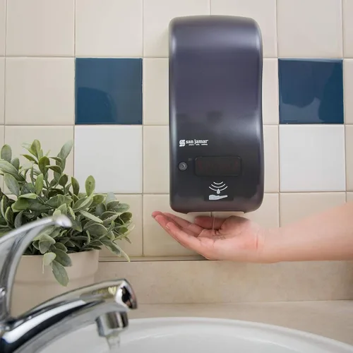 Vista 3 de San Jamar Clásico Perla Negra Set – Dispensador Híbrido de Jabón y Desinfectante (900 ml), Dispensador de Cubierta de Inodoro, y Dispensador