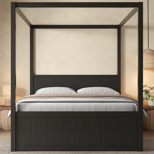 Vista 3 de Wood Canopy Platform Bed Full with Headboard, Trundle and 3 Drawers Negro-8.1