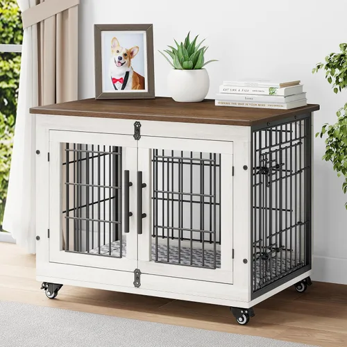 Vista 10 de YaFiti Mueble de jaula para perros con cojín, perrera de madera para interiores con puertas dobles, jaula para perros con ruedas, mesa auxiliar