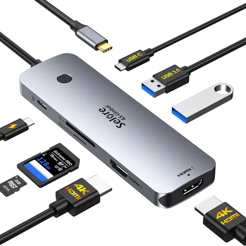 Vista 11 de Estación de acoplamiento USB C Monitor HDMI dual, adaptador USB C a HDMI dual con 2 puertos HDMI, carga PD, SD/TF, puertos USB A y C 3.0, estación