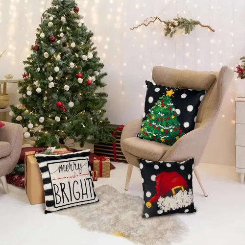 Vista 5 de DIYDEC - 4 fundas de almohada de Navidad de 18 x 18 pulgadas, fundas de almohada de invierno con diseño de árbol de Navidad, sombrero de árbol