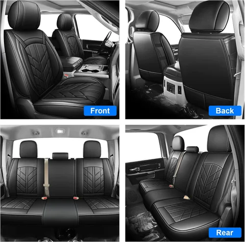Vista 8 de 5 fundas de asiento de camión para Dodge Ram con banco plano 1500/2500/3500 2009-2023, juego completo de protectores de asiento de cuero Negro