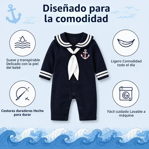 Vista 4 de stylesilove Mameluco de algodón marinero marino para bebé niño con sombrero y corbata 3 piezas traje de vacaciones Azul marino: manga larga.