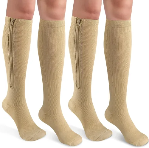 Vista 9 de CASMON 2 pares de calcetines de compresión con cremallera para mujeres y hombres, punta cerrada de 15 a 20 mmHg, calcetines de apoyo alto hasta