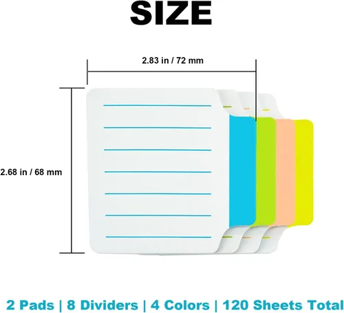 Vista 2 de AAAA 4A 2 blocs divisores de notas adhesivas pestañas de 2 2/3 x 2 7/8 pulgadas, blanco, notas adhesivas forradas con líneas para cuadernos, libros