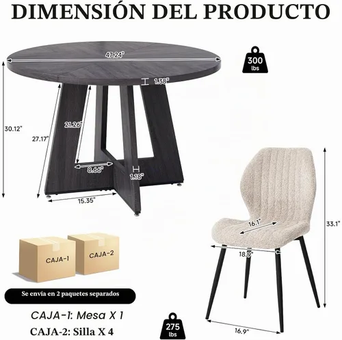 Vista 2 de Juego de mesa redonda de comedor de 47 pulgadas para 4, base en abanico, parte superior de 1.38 pulgadas de grosor, mesa de cocina de madera con 4