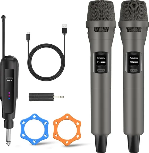 Vista 8 de Sistema de micrófono inalámbrico Aveek de 2.4GHz, micrófonos recargables y receptor, plug & play para máquina de karaoke, altavoces de fiesta