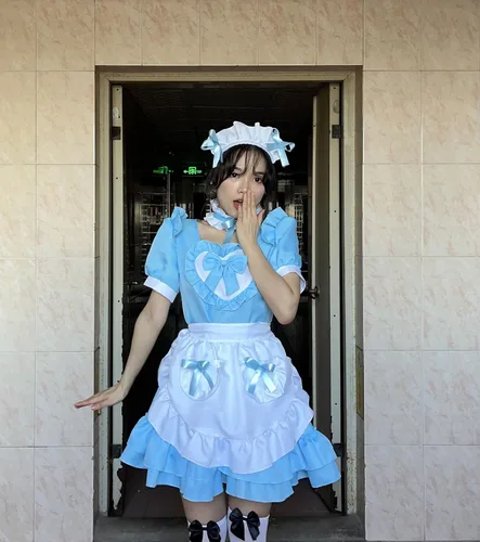 Vista 7 de Elibelle Disfraz de anime japonés clásico Sissy Maid Sweet Kawaii de corazón para cosplay, guantes peludos con orejas de gato