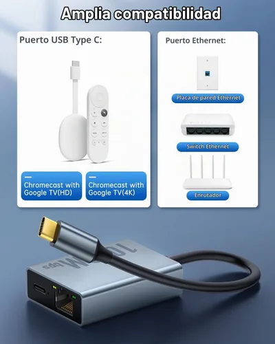 Vista 3 de ELECTOP Adaptador Ethernet de 1000 Mbps para Chromecast con Google TV, USB tipo C a RJ45 Gigabit Ethernet adaptador de red compatible con Google TV