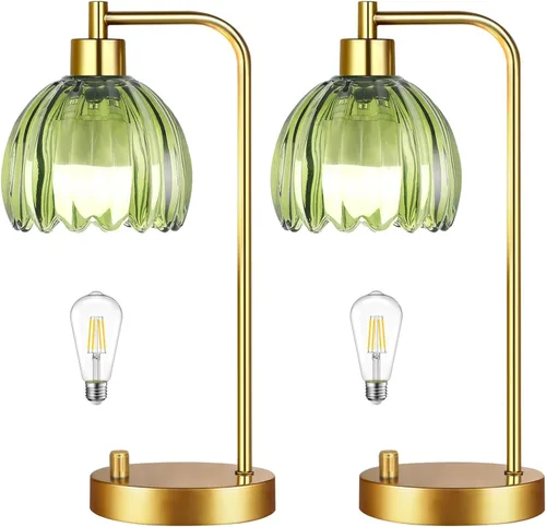 Vista 17 de ILLMTW Lámpara de mesa de flores para dormitorio, sala de estar, pequeñas lámparas doradas, regulables, estilo bohemio, con pantalla de cristal