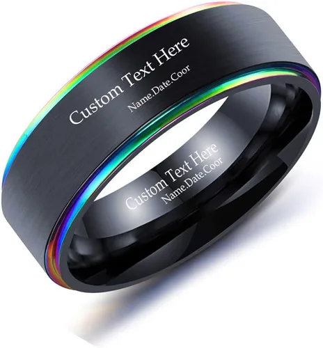 Vista 2 de Anillos a juego personalizados para parejas, anillos de promesa de acero inoxidable para parejas, juego con 2 anillos grabados dentro y fuera