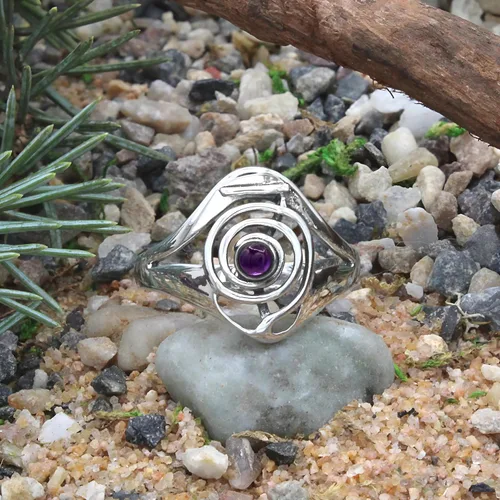 Vista 3 de Moonlight Mysteries Anillo de reiki de plata de ley con símbolo de poder de Cho Ku Rei con piedra preciosa de amatista (talla 4-15)