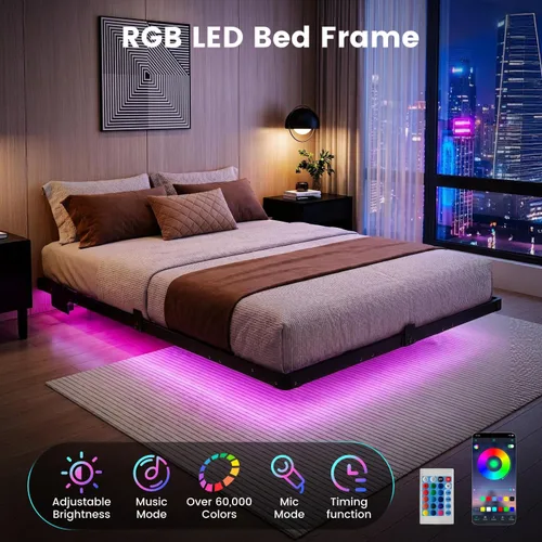 Vista 3 de Liians Marco de cama flotante moderno de tamaño completo con luces LED inteligentes, estación de carga USB, plataforma de metal resistente,
