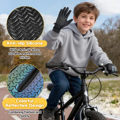 Vista 2 de Guantes cálidos de invierno para niños y niñas, para pantalla táctil, antideslizantes, para clima frío, guantes de ciclismo para deportes al aire