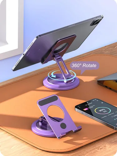 Vista 3 de Aluminum Dual Folding Cell Phone Stand, 360° Rotation Fully Adjustable Foldable Tablet Stand, Compatible with iPhone 13, 14 Pro Max, SE, XR, Samsung