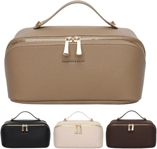 Vista 9 de Bolsas de maquillaje a cuadros de gran capacidad, bolsas de cosméticos portátiles de viaje, bolsa de aseo abierta y plana para mujeres y niñas