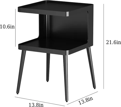 Vista 2 de Mesa auxiliar moderna negra, mesas auxiliares pequeñas de 2 niveles, mesas auxiliares de metal, sala de estar con 4 patas, mesita de noche negra